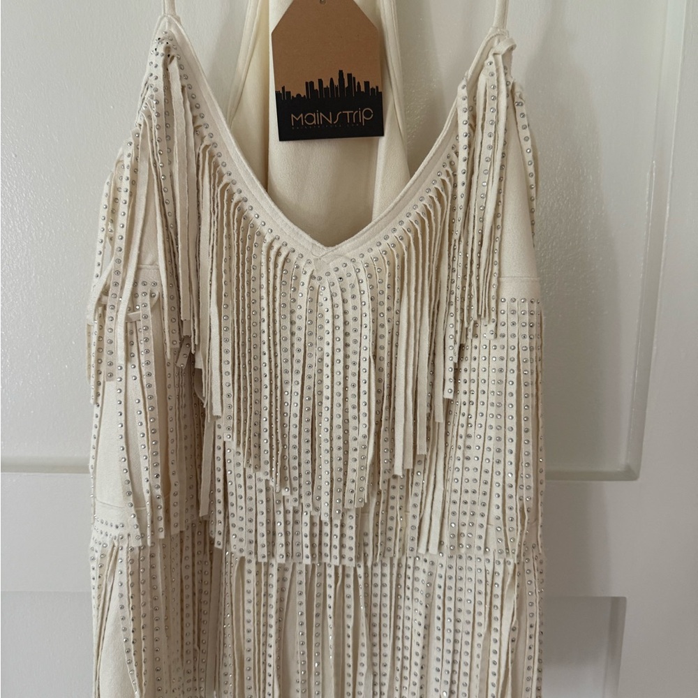 MainStrip Cream Fringe Studded Tank